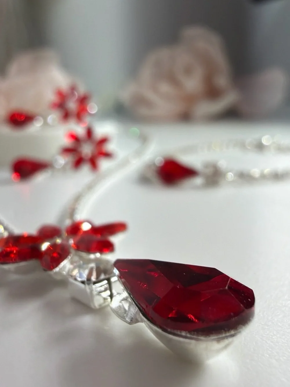 Elegant Red Crystal Floral Necklace & Earring Set - Women Jewelry